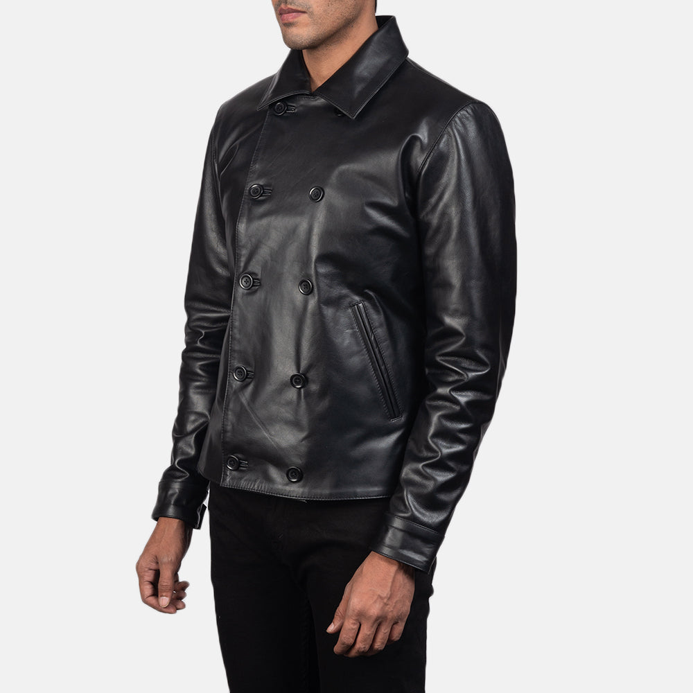 Mod Black Leather Peacoat by Dash Racegear - men Jacket view 2