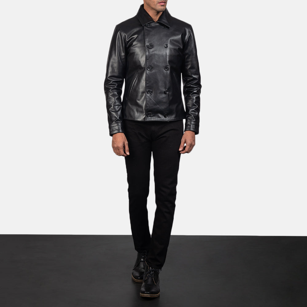 Mod Black Leather Peacoat by Dash Racegear - men Jacket view 3