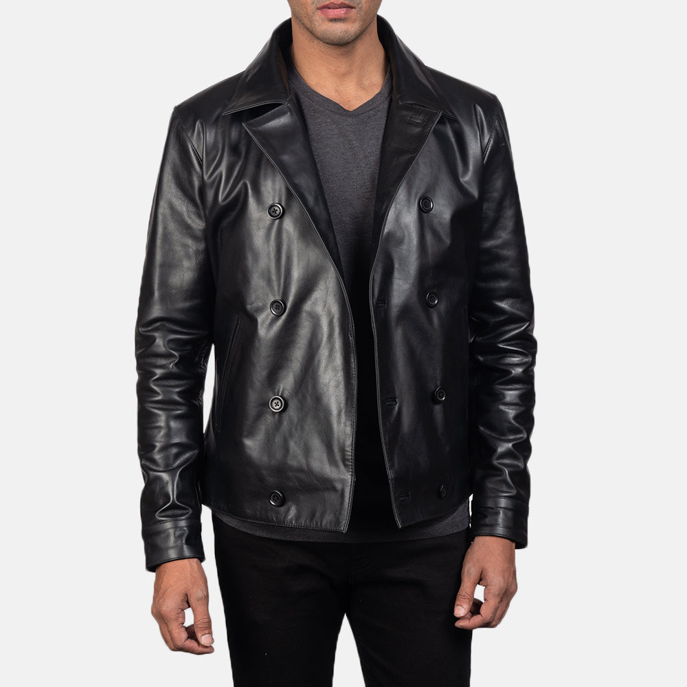 Mod Black Leather Peacoat by Dash Racegear - men Jacket view 4