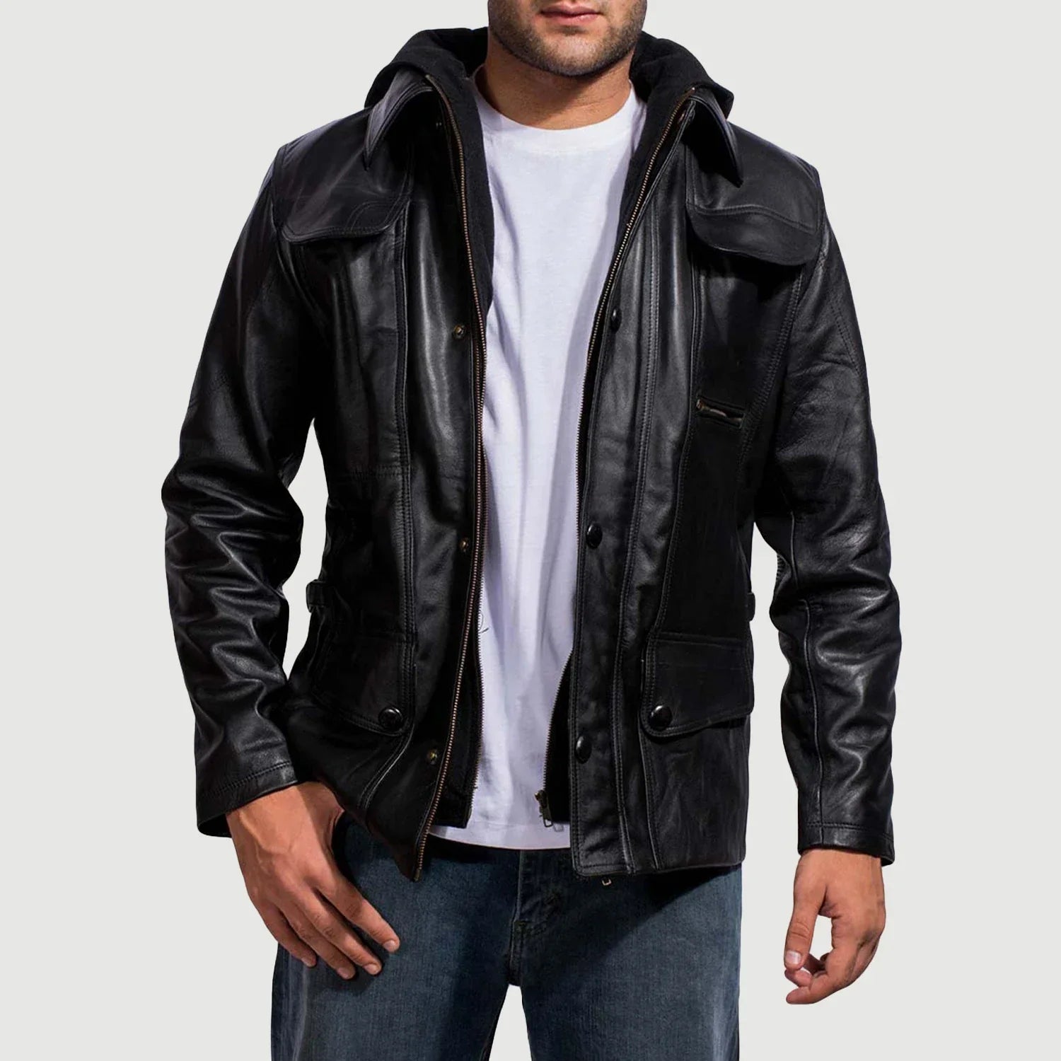 Moulder Hooded Black Leather Jacket by Dash Racegear - men Jacket view 1