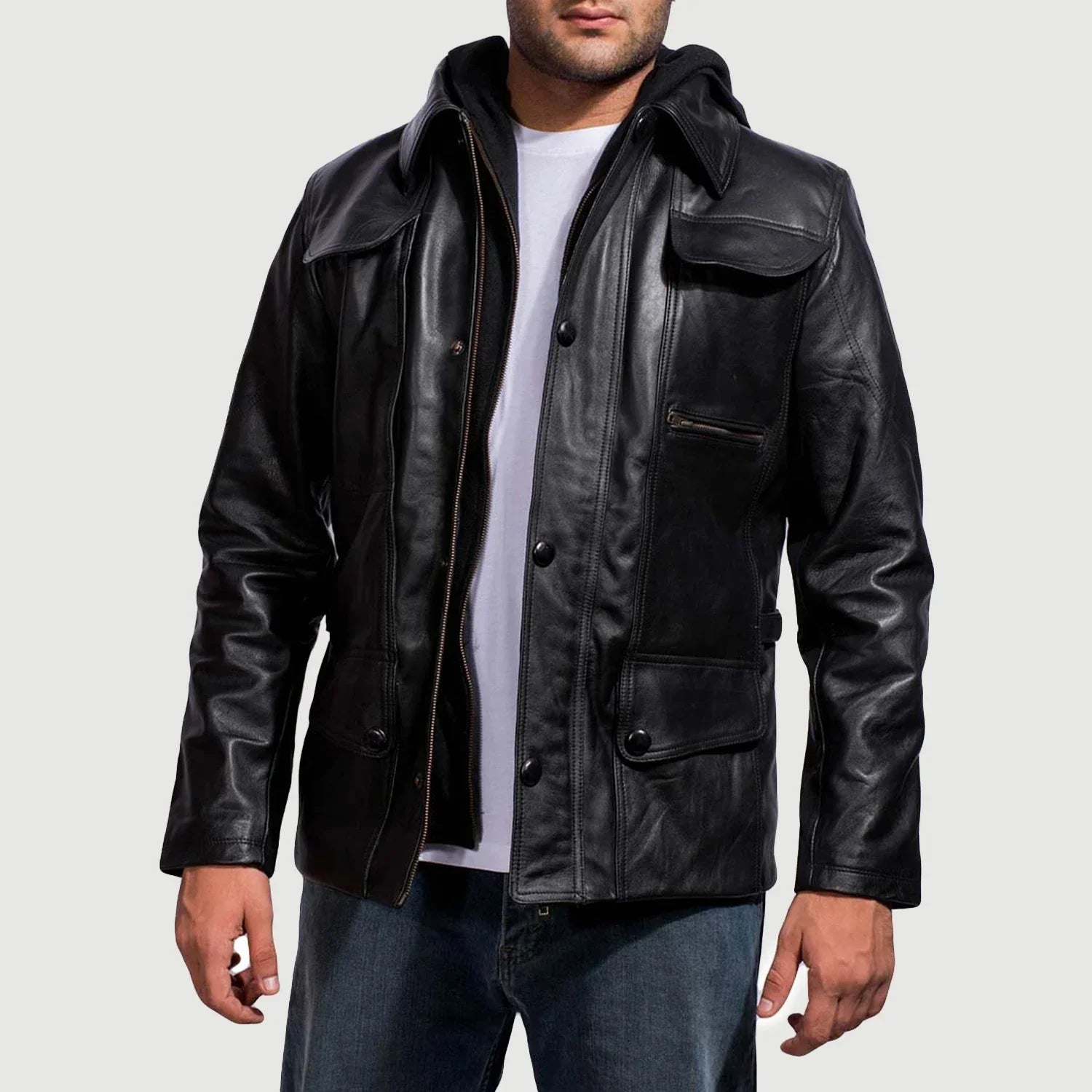 Moulder Hooded Black Leather Jacket by Dash Racegear - men Jacket view 2