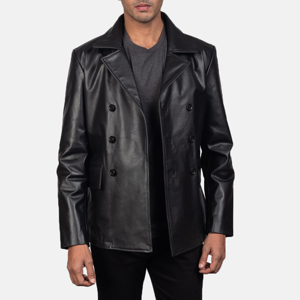 Mr. Bailey Black Leather Naval Peacoat by Dash Racegear - men Jacket view 4