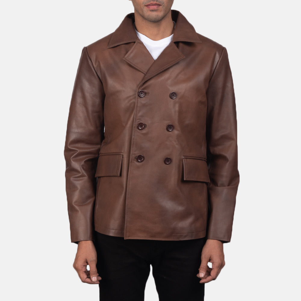 Mr. Bailey Brown Leather Naval Peacoat by Dash Racegear - men Jacket view 1