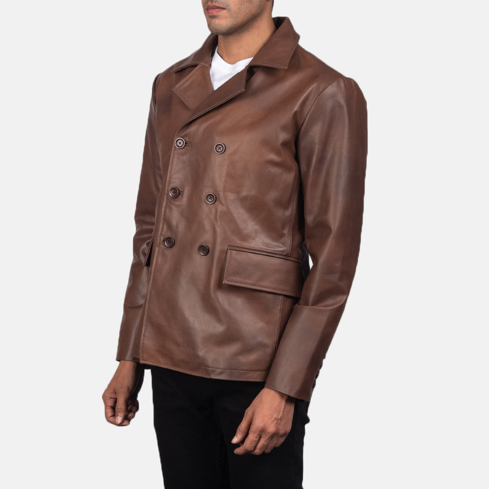 Mr. Bailey Brown Leather Naval Peacoat by Dash Racegear - men Jacket view 2