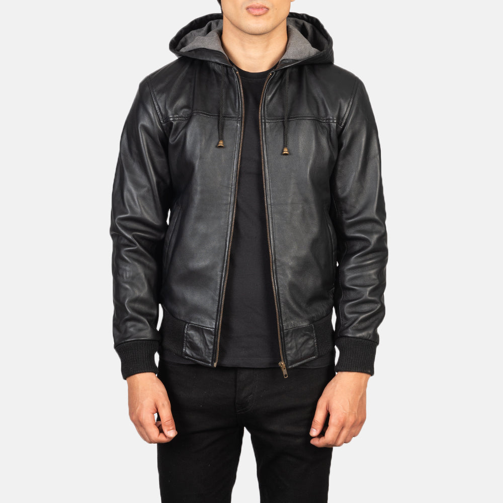 Nintenzo Black Hooded Leather Bomber Jacket by Dash Racegear - men Jacket view 1