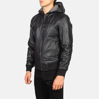 Nintenzo Black Hooded Leather Bomber Jacket by Dash Racegear - men Jacket view 2