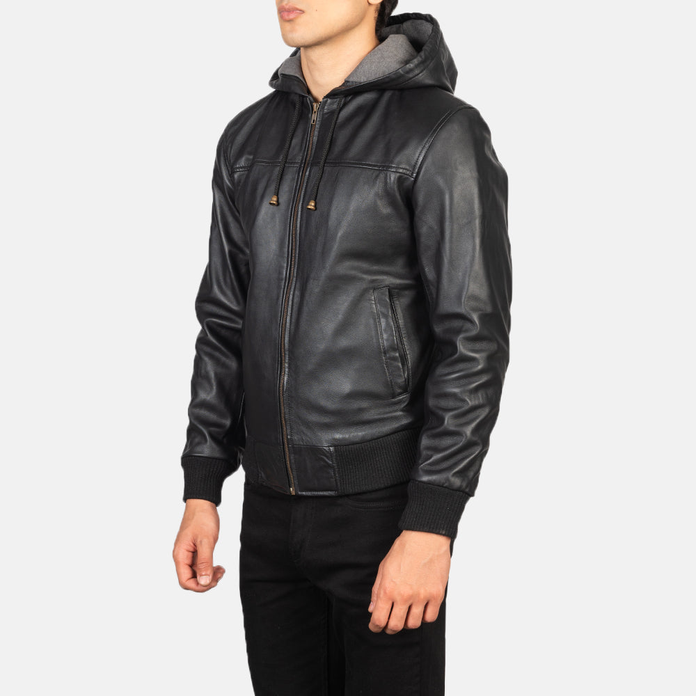 Nintenzo Black Hooded Leather Bomber Jacket by Dash Racegear - men Jacket view 2