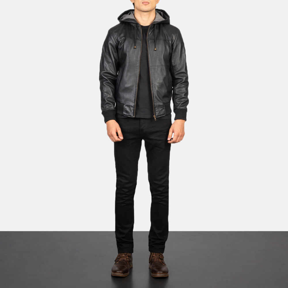 Nintenzo Black Hooded Leather Bomber Jacket by Dash Racegear - men Jacket view 3