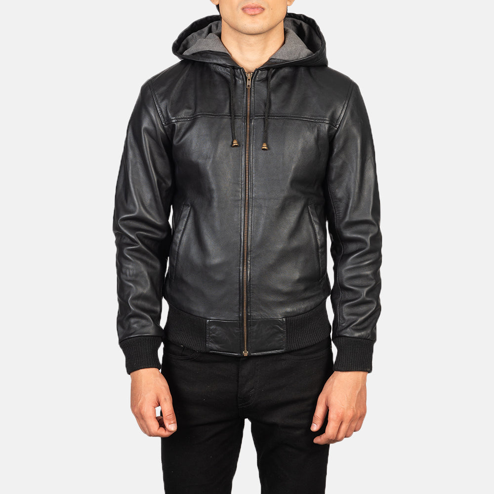 Nintenzo Black Hooded Leather Bomber Jacket by Dash Racegear - men Jacket view 4