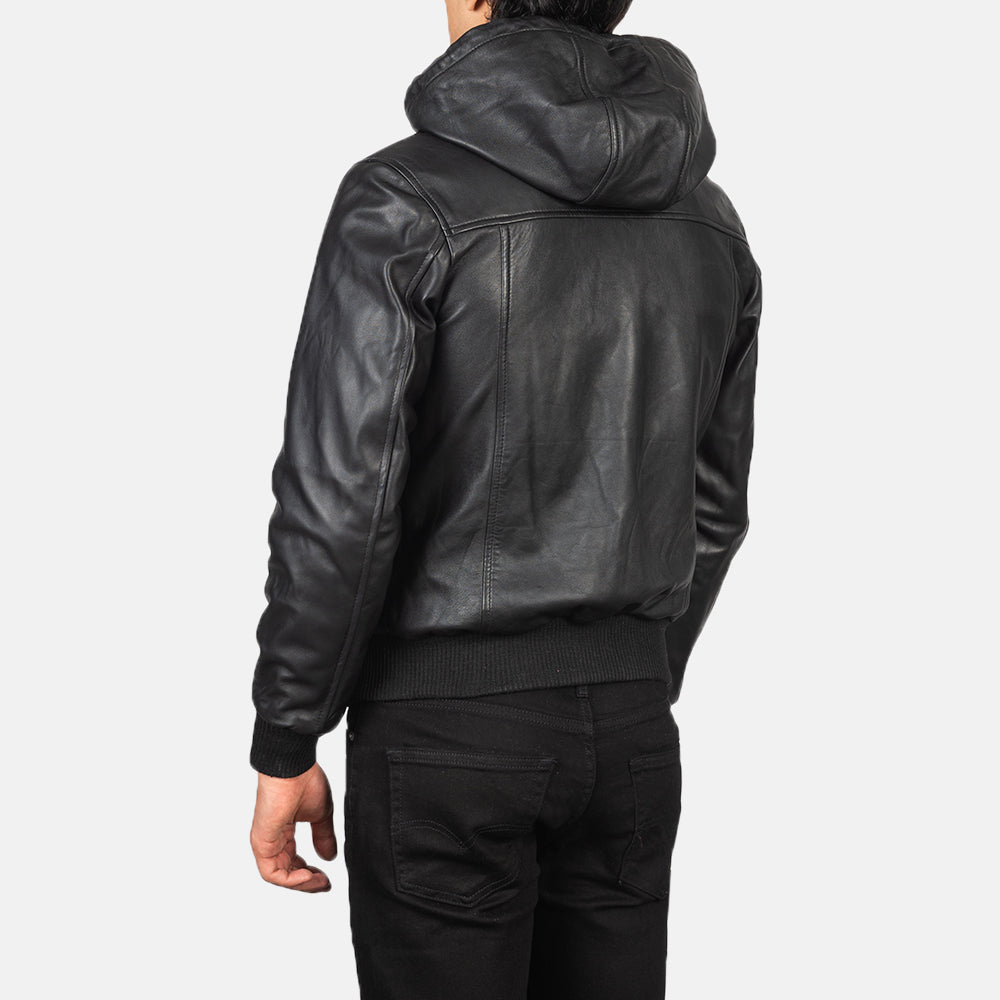 Nintenzo Black Hooded Leather Bomber Jacket by Dash Racegear - men Jacket view 5
