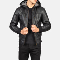 Nintenzo Black Hooded Leather Bomber Jacket by Dash Racegear - men Jacket view 6