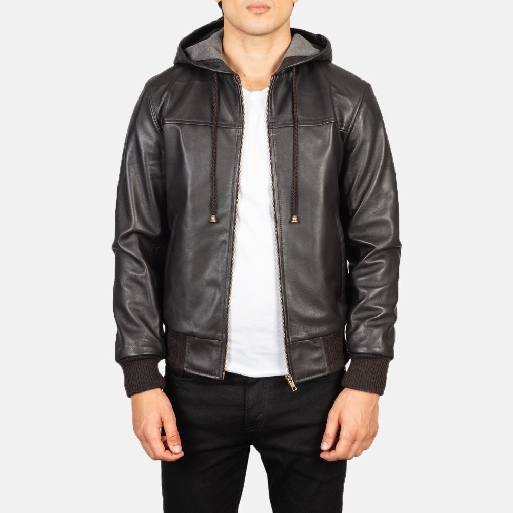 Nintenzo Brown Hooded Leather Bomber Jacket by Dash Racegear - men Jacket view 1
