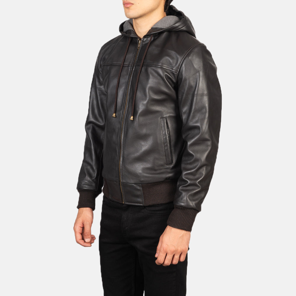 Nintenzo Brown Hooded Leather Bomber Jacket by Dash Racegear - men Jacket view 2