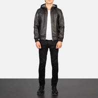 Nintenzo Brown Hooded Leather Bomber Jacket by Dash Racegear - men Jacket view 3
