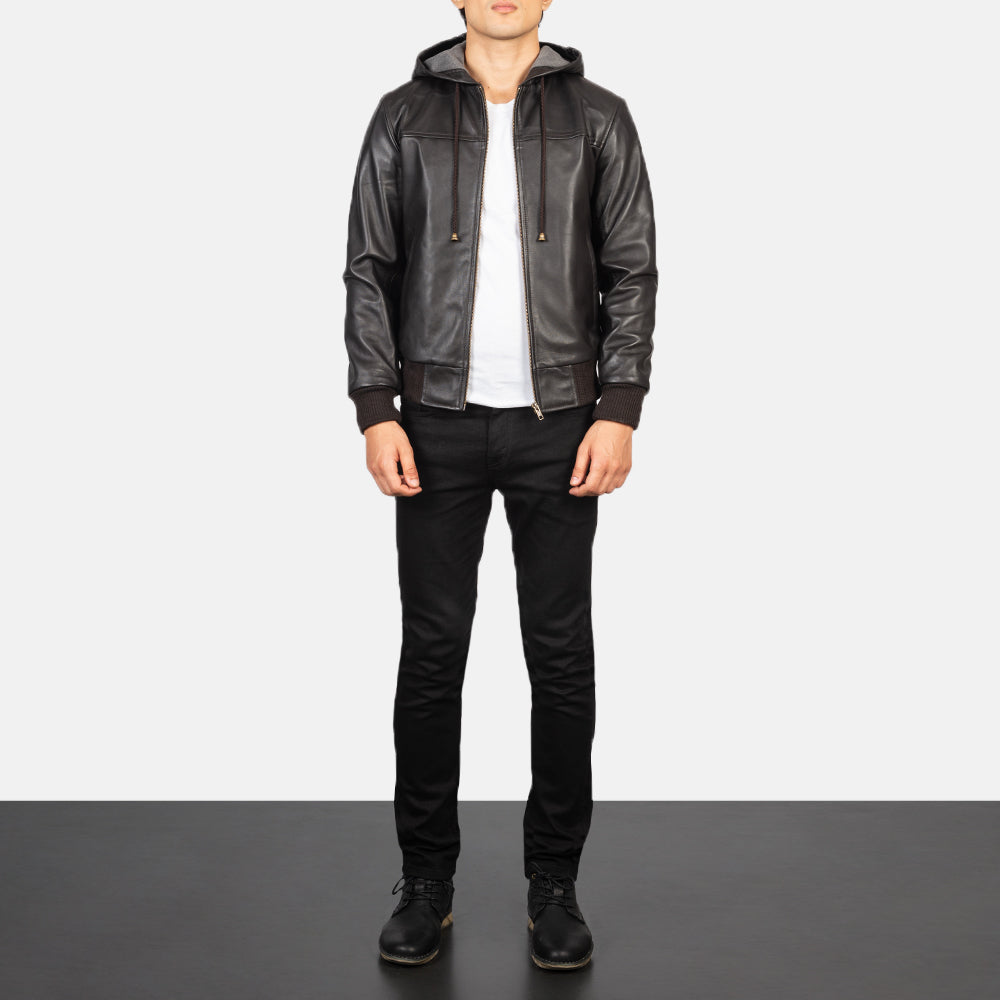 Nintenzo Brown Hooded Leather Bomber Jacket by Dash Racegear - men Jacket view 3