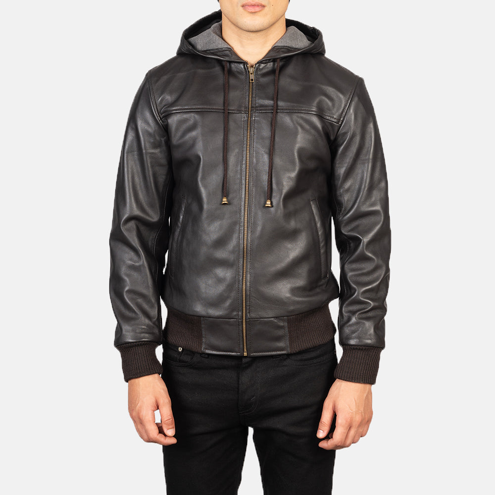 Nintenzo Brown Hooded Leather Bomber Jacket by Dash Racegear - men Jacket view 4