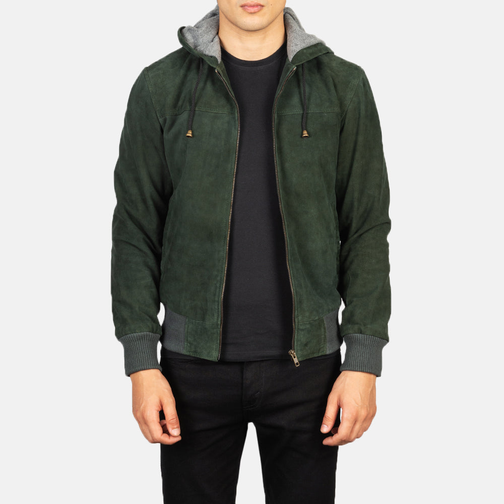 Nintenzo Green Hooded Suede Bomber Jacket by Dash Racegear - men Jacket view 1