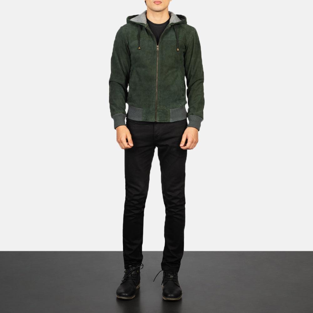 Nintenzo Green Hooded Suede Bomber Jacket by Dash Racegear - men Jacket view 3