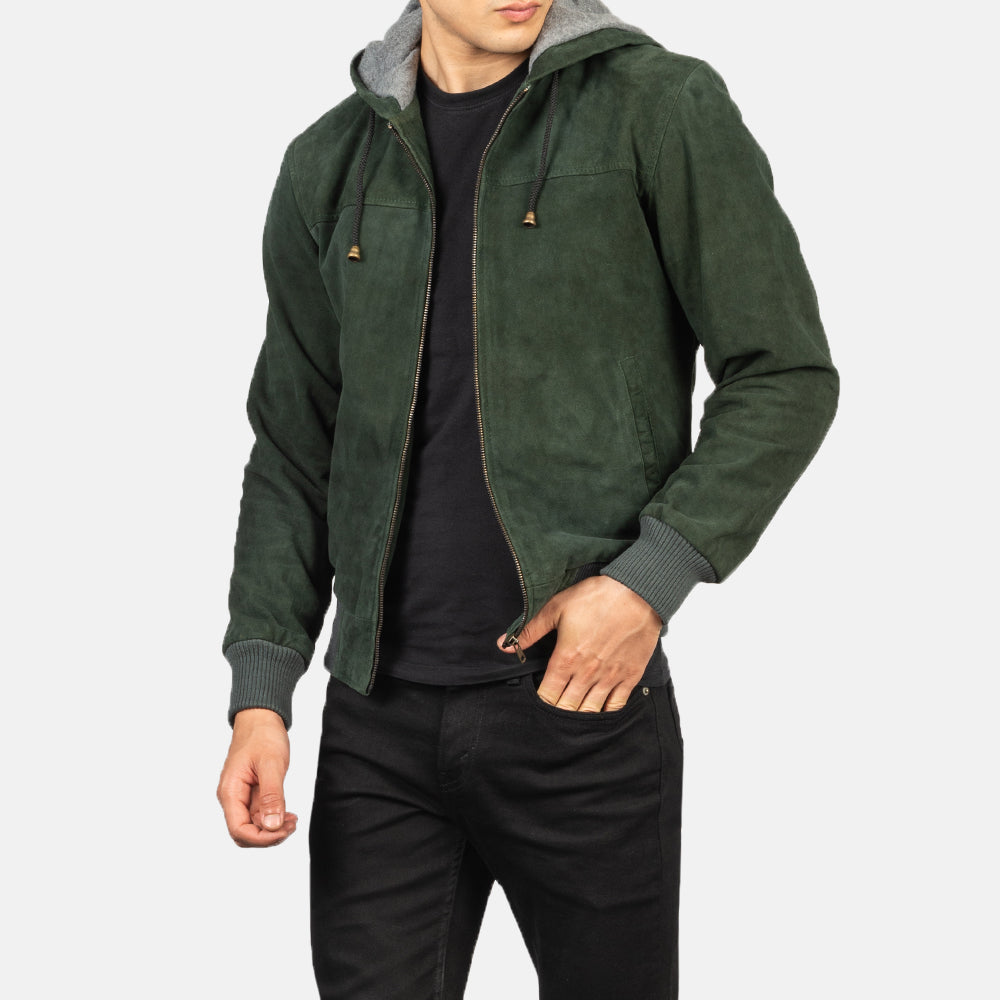 Nintenzo Green Hooded Suede Bomber Jacket by Dash Racegear - men Jacket view 6