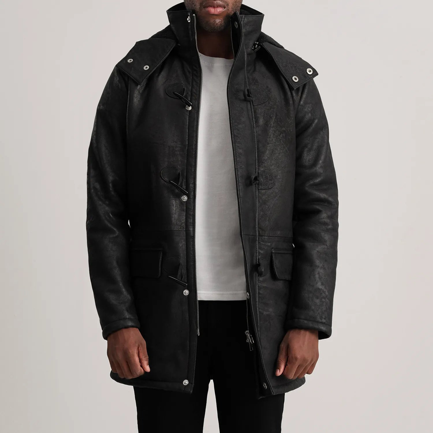 Nolan Distressed Black Leather Duffle Coat by Dash Racegear - men Jacket view 1