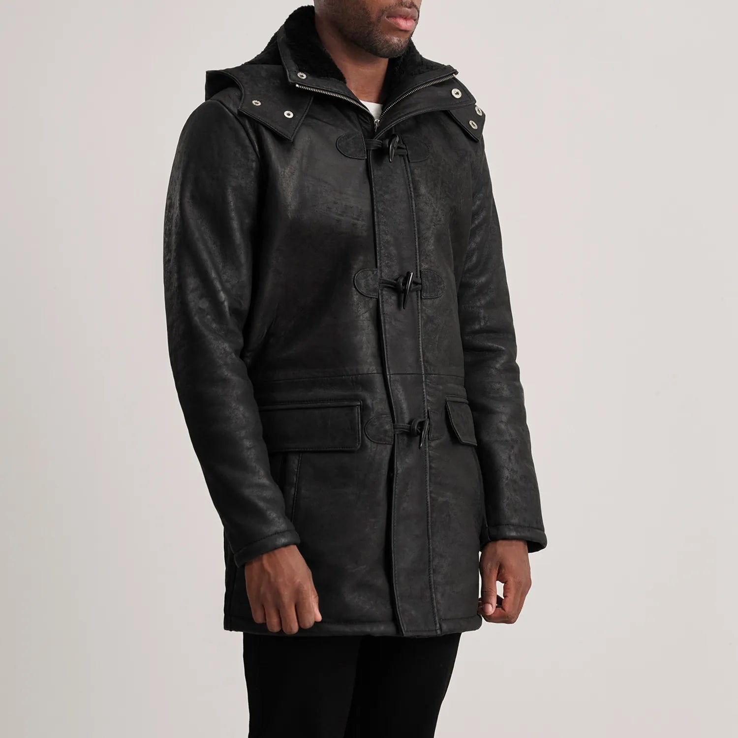 Nolan Distressed Black Leather Duffle Coat by Dash Racegear - men Jacket view 2