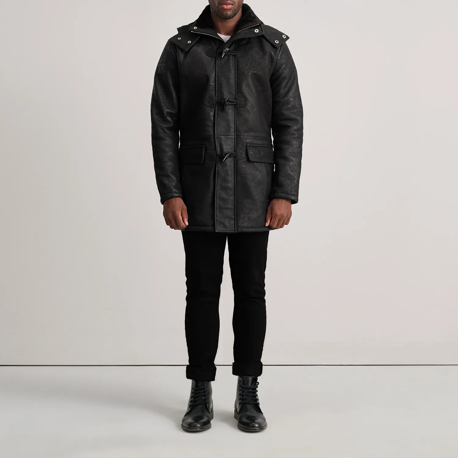 Nolan Distressed Black Leather Duffle Coat by Dash Racegear - men Jacket view 3