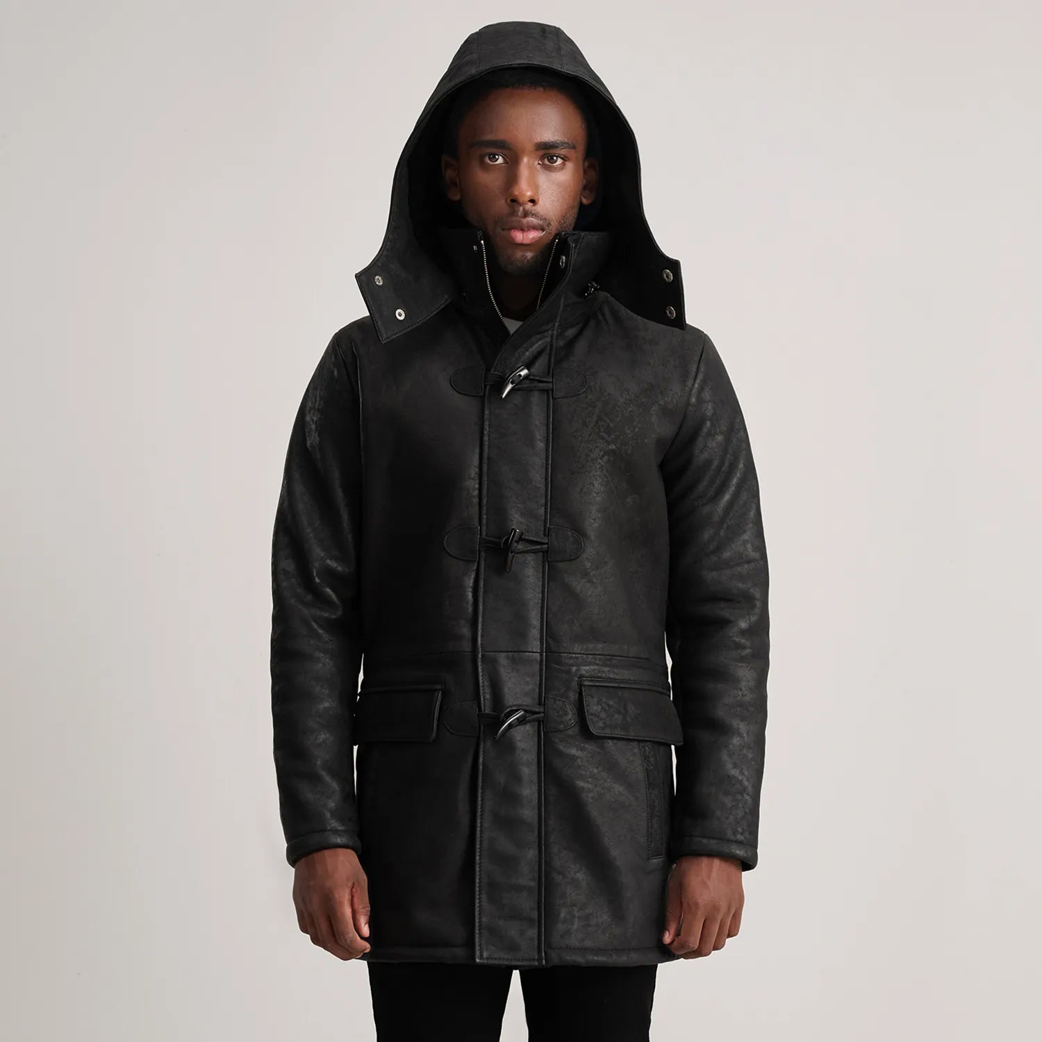 Nolan Distressed Black Leather Duffle Coat by Dash Racegear - men Jacket view 4
