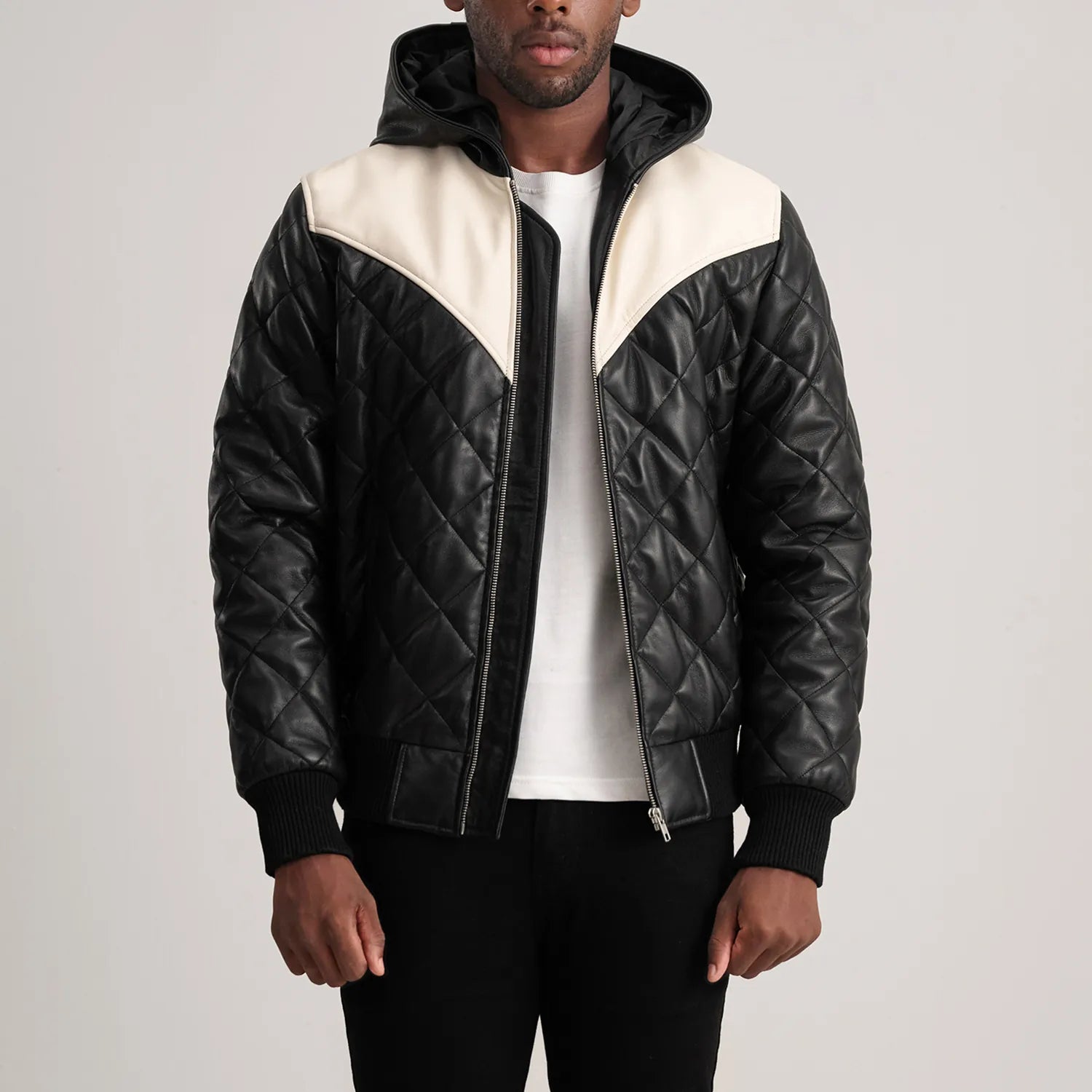 Norman Black Hooded Bomber Leather Puffer Jacket by Dash Racegear - men Jacket view 1