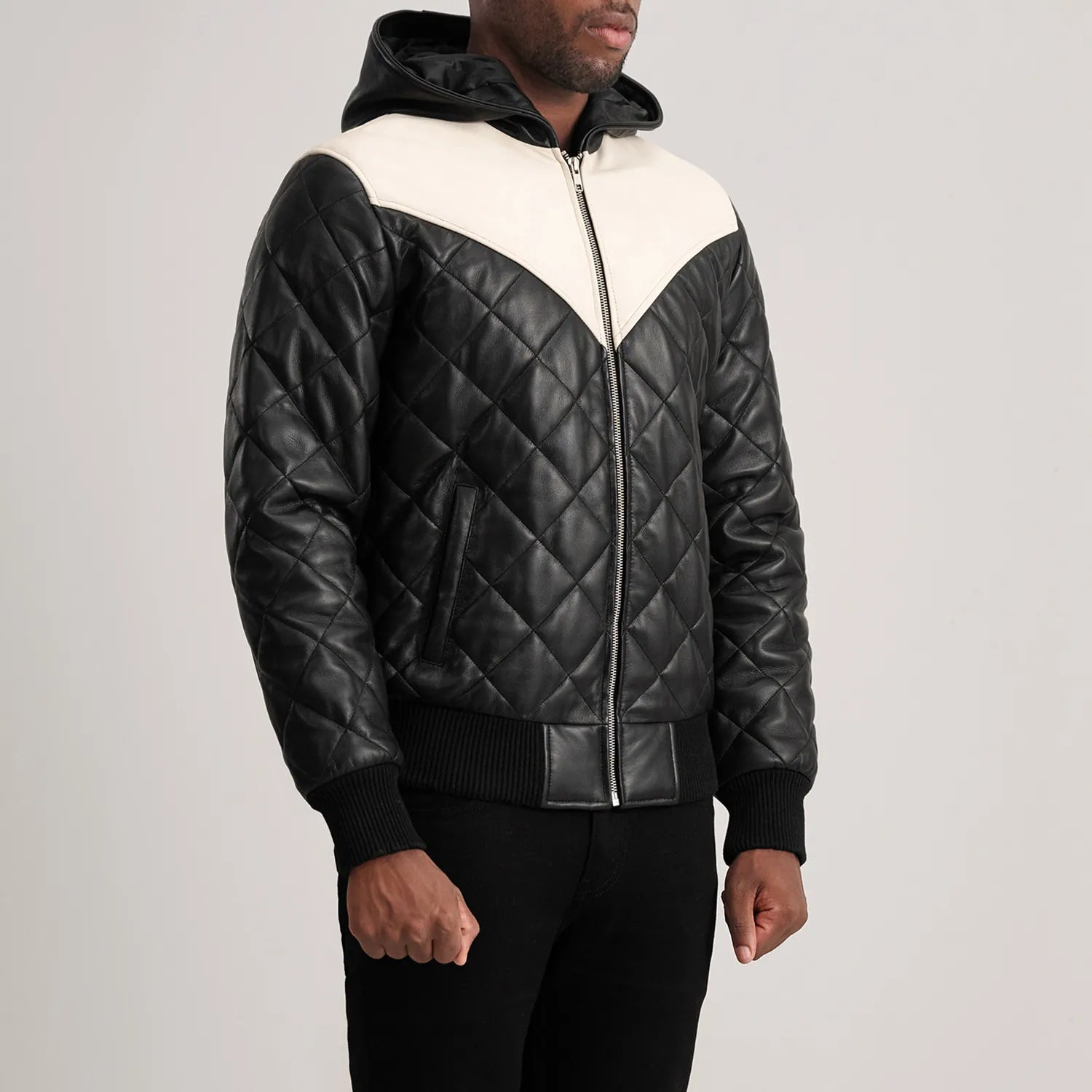 Norman Black Hooded Bomber Leather Puffer Jacket by Dash Racegear - men Jacket view 2