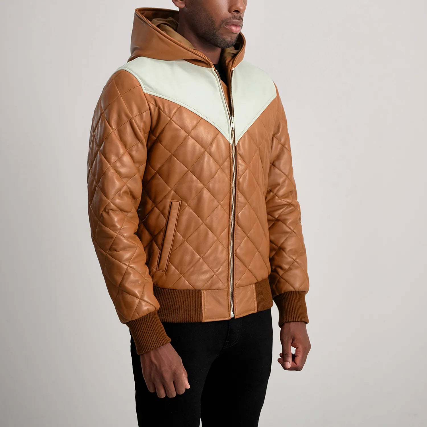 Norman Tan Hooded Bomber Leather Puffer Jacket by Dash Racegear - men Jacket view 2