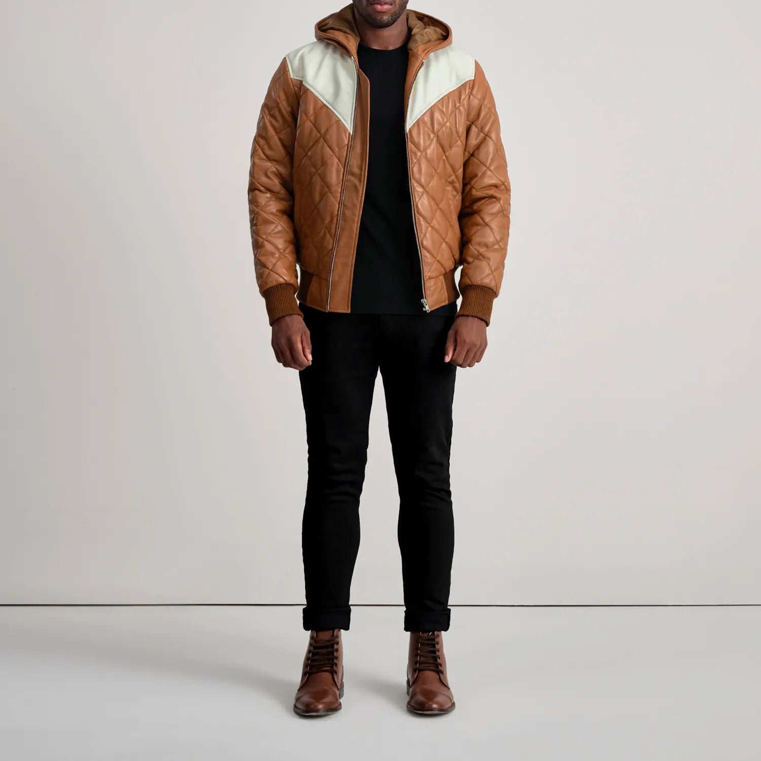 Norman Tan Hooded Bomber Leather Puffer Jacket by Dash Racegear - men Jacket view 3