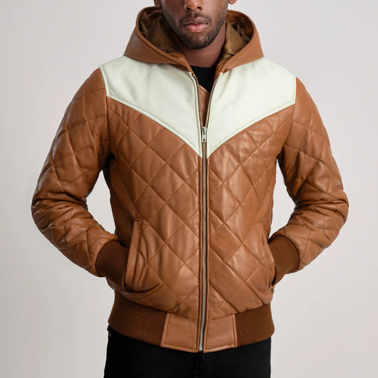 Norman Tan Hooded Bomber Leather Puffer Jacket by Dash Racegear - men Jacket view 4