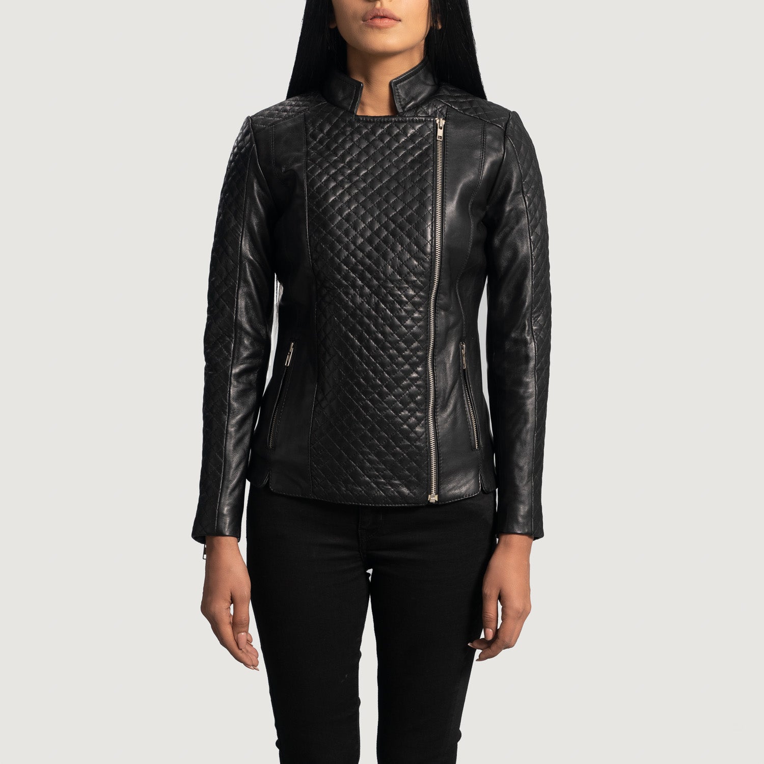 Orient Grain Quilted Black Leather Biker Jacket by Dash Racegear - women Jacket view 1