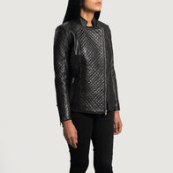 Orient Grain Quilted Black Leather Biker Jacket by Dash Racegear - women Jacket view 2