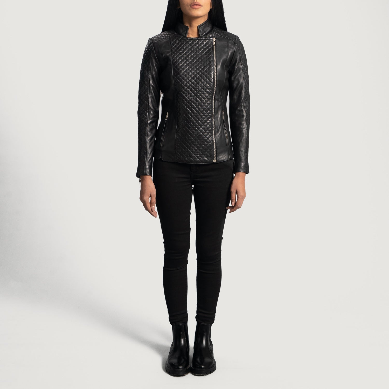 Orient Grain Quilted Black Leather Biker Jacket by Dash Racegear - women Jacket view 4