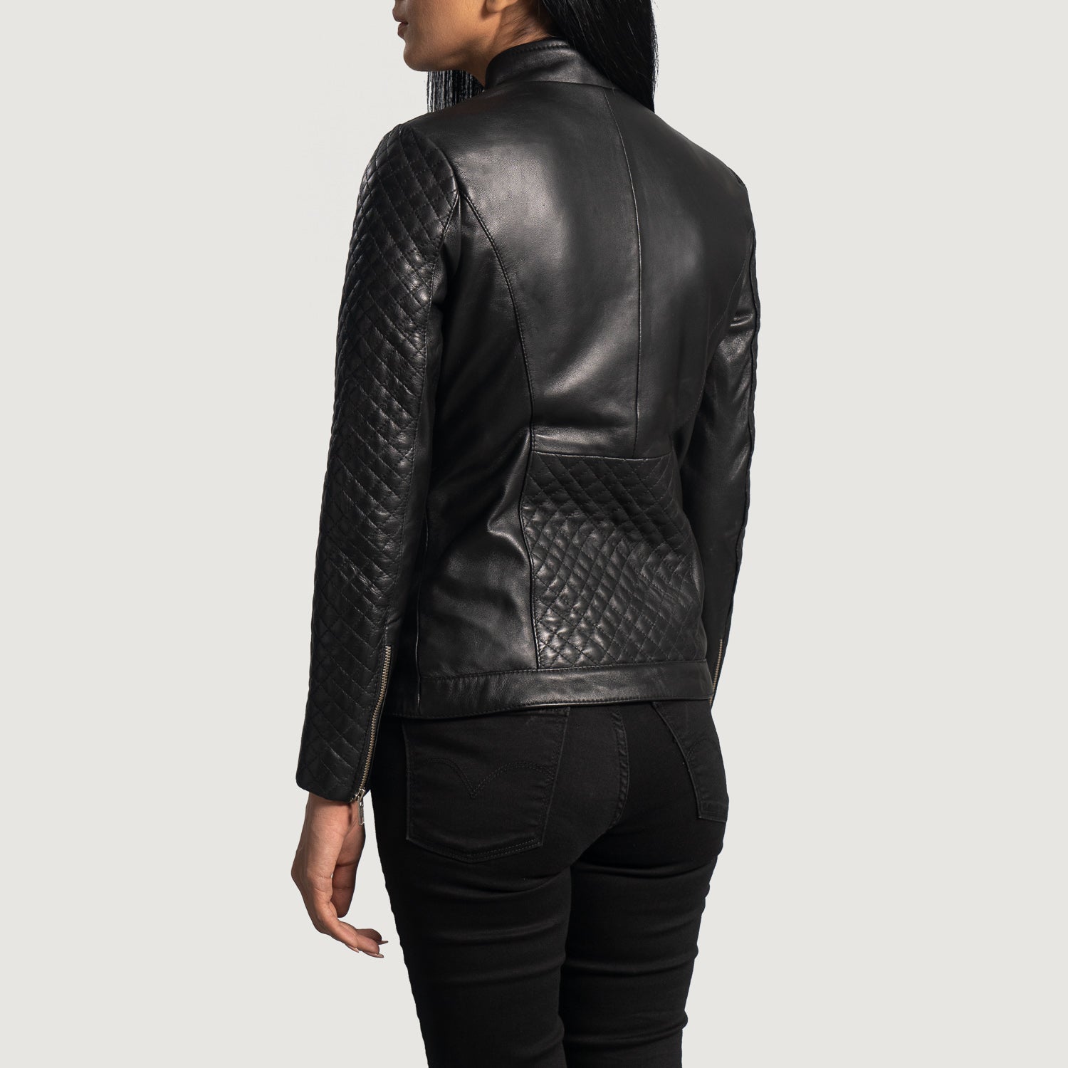 Orient Grain Quilted Black Leather Biker Jacket by Dash Racegear - women Jacket view 5
