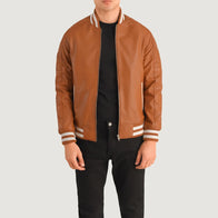 Pascal Tan Brown Leather Varsity Jacket by Dash Racegear - men Jacket view 1
