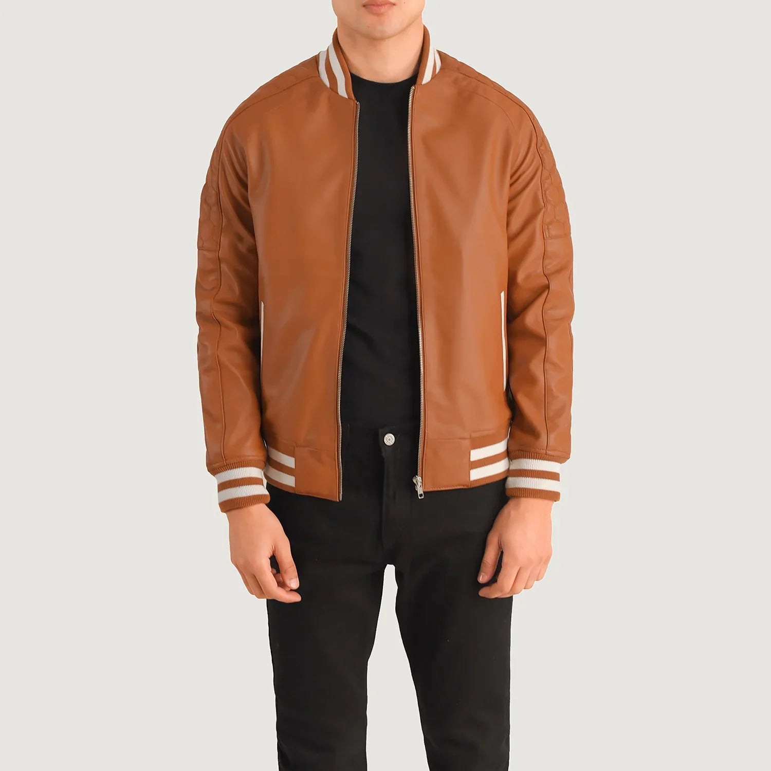 Pascal Tan Brown Leather Varsity Jacket by Dash Racegear - men Jacket view 1