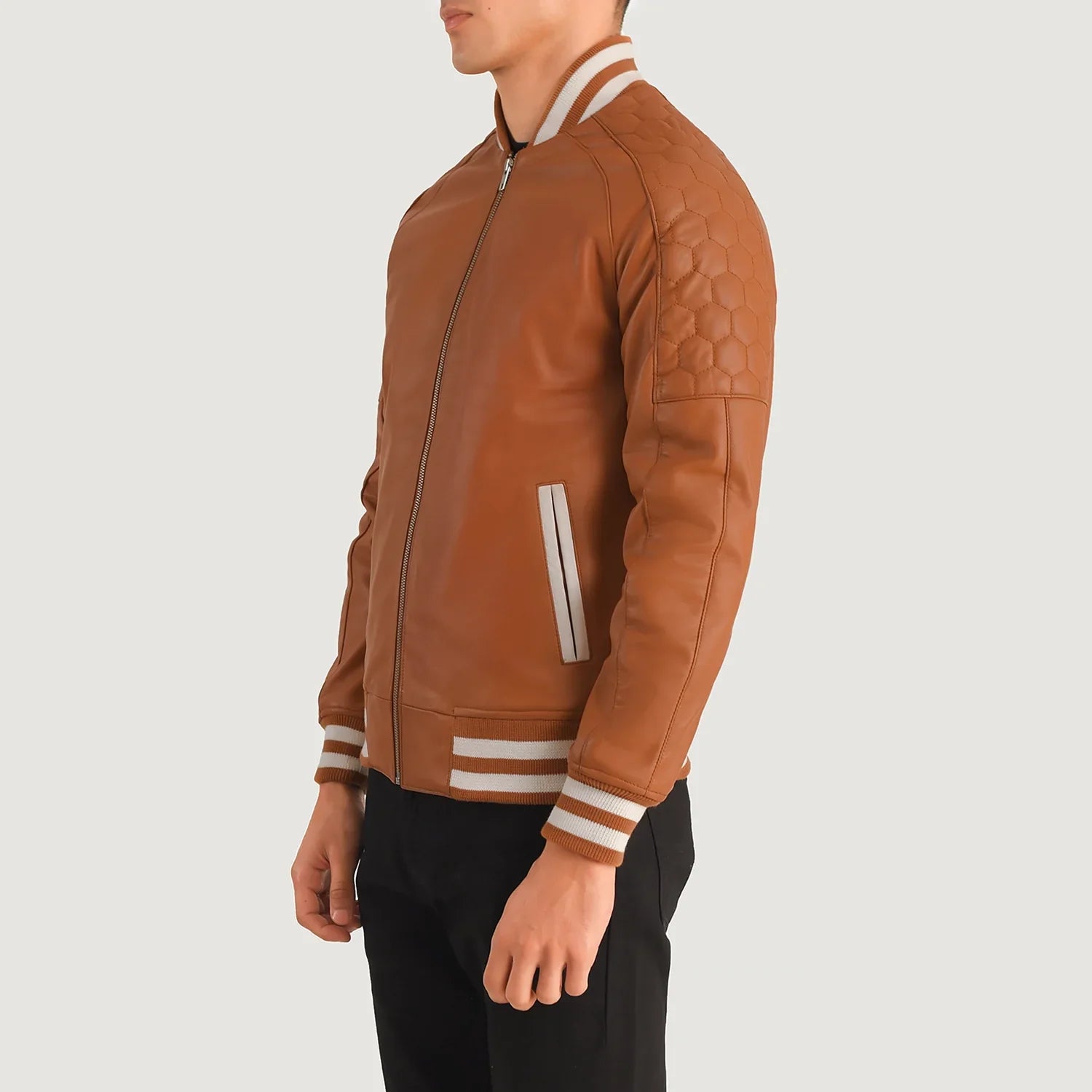 Pascal Tan Brown Leather Varsity Jacket by Dash Racegear - men Jacket view 2