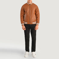 Pascal Tan Brown Leather Varsity Jacket by Dash Racegear - men Jacket view 3