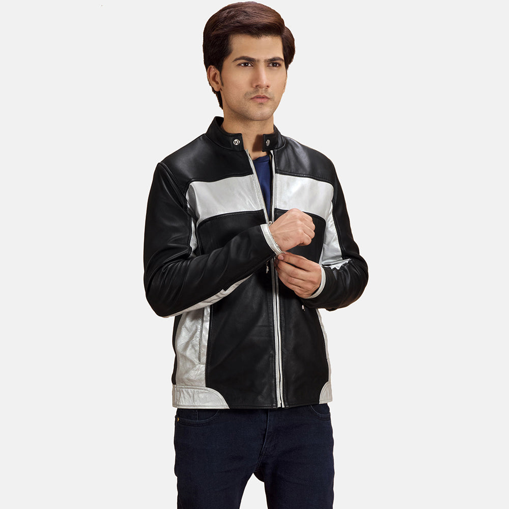 Randolf Silver Black Leather Biker Jacket by Dash Racegear - men Jacket view 1