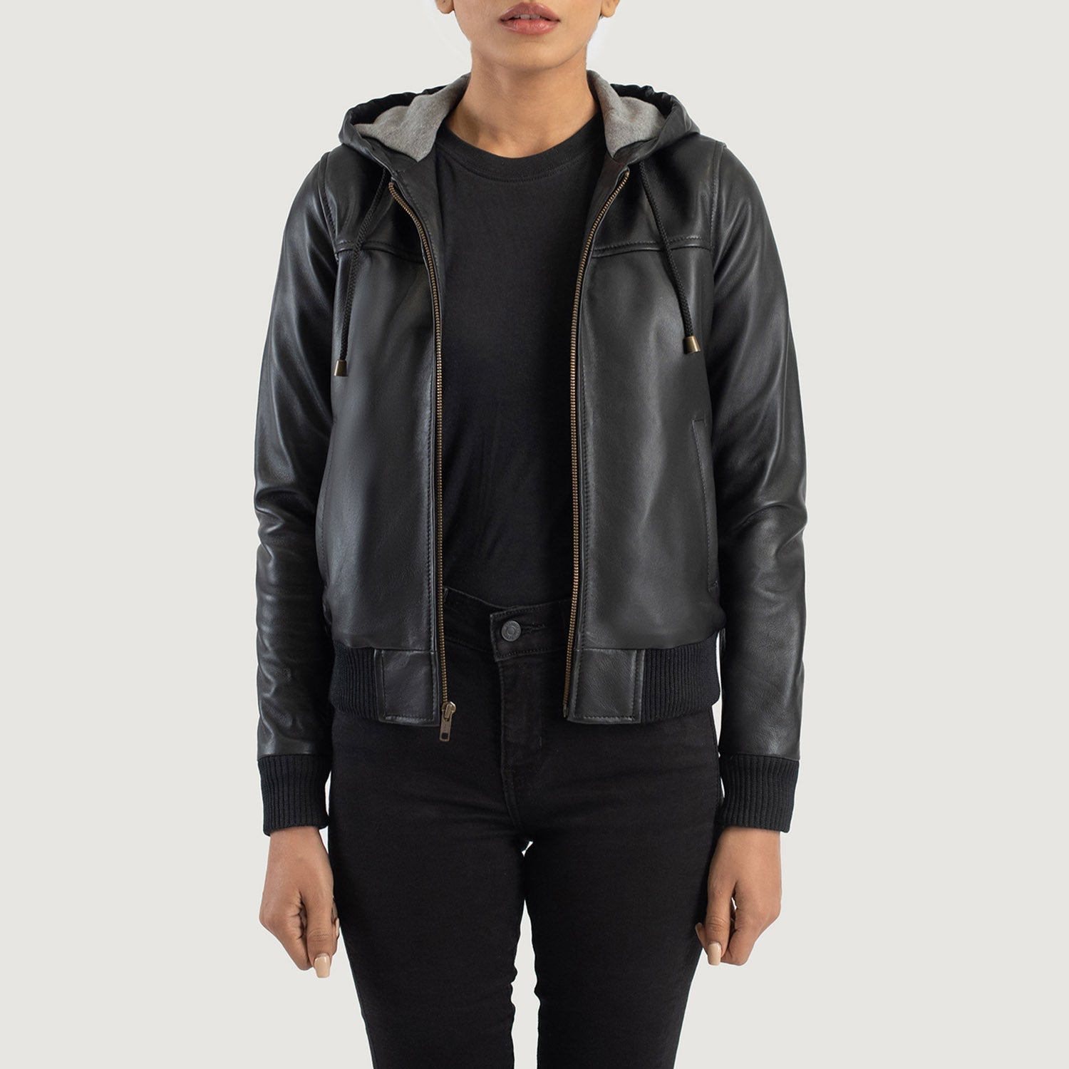 Rebella Black Hooded Leather Bomber Jacket by Dash Racegear - women Jacket view 1