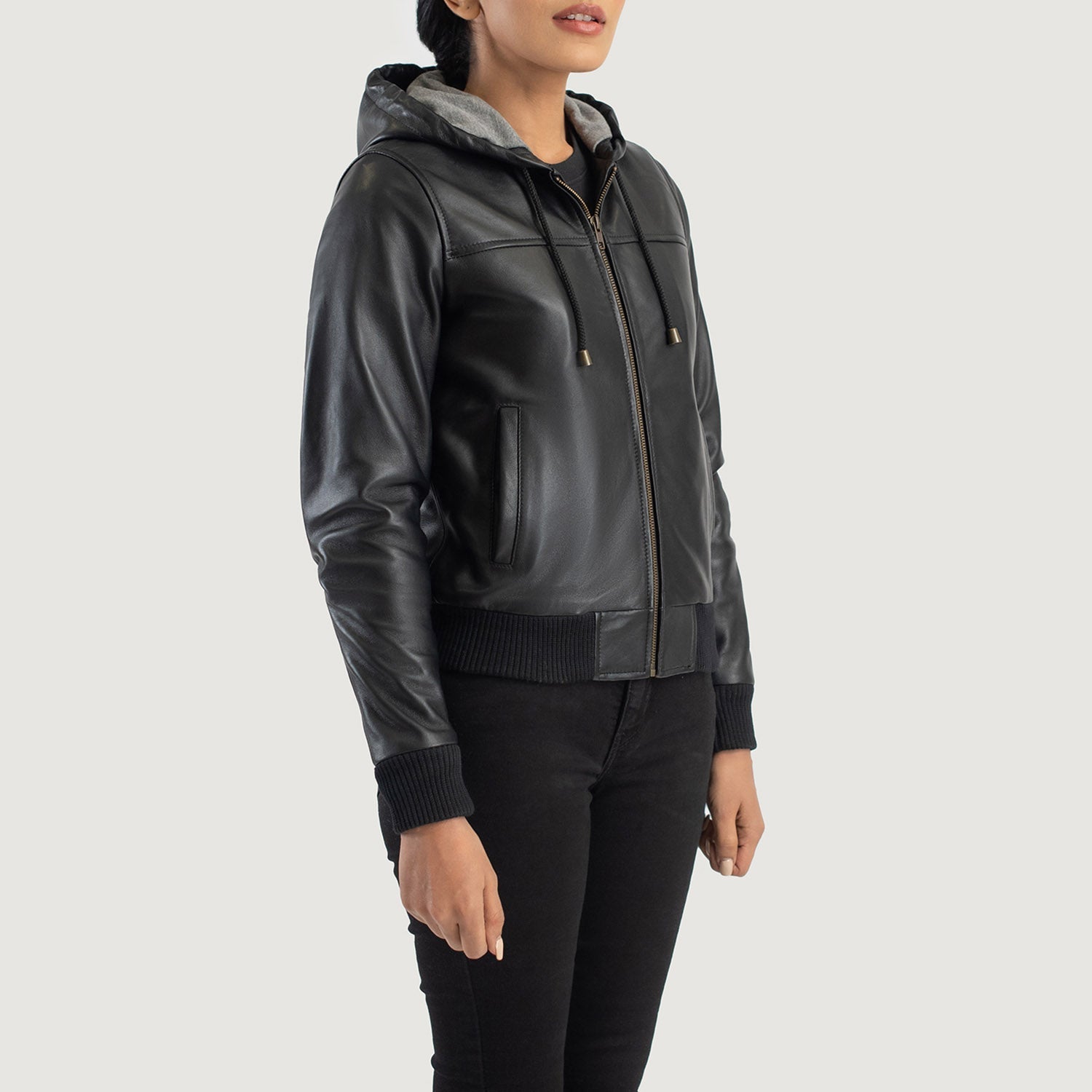 Rebella Black Hooded Leather Bomber Jacket by Dash Racegear - women Jacket view 2