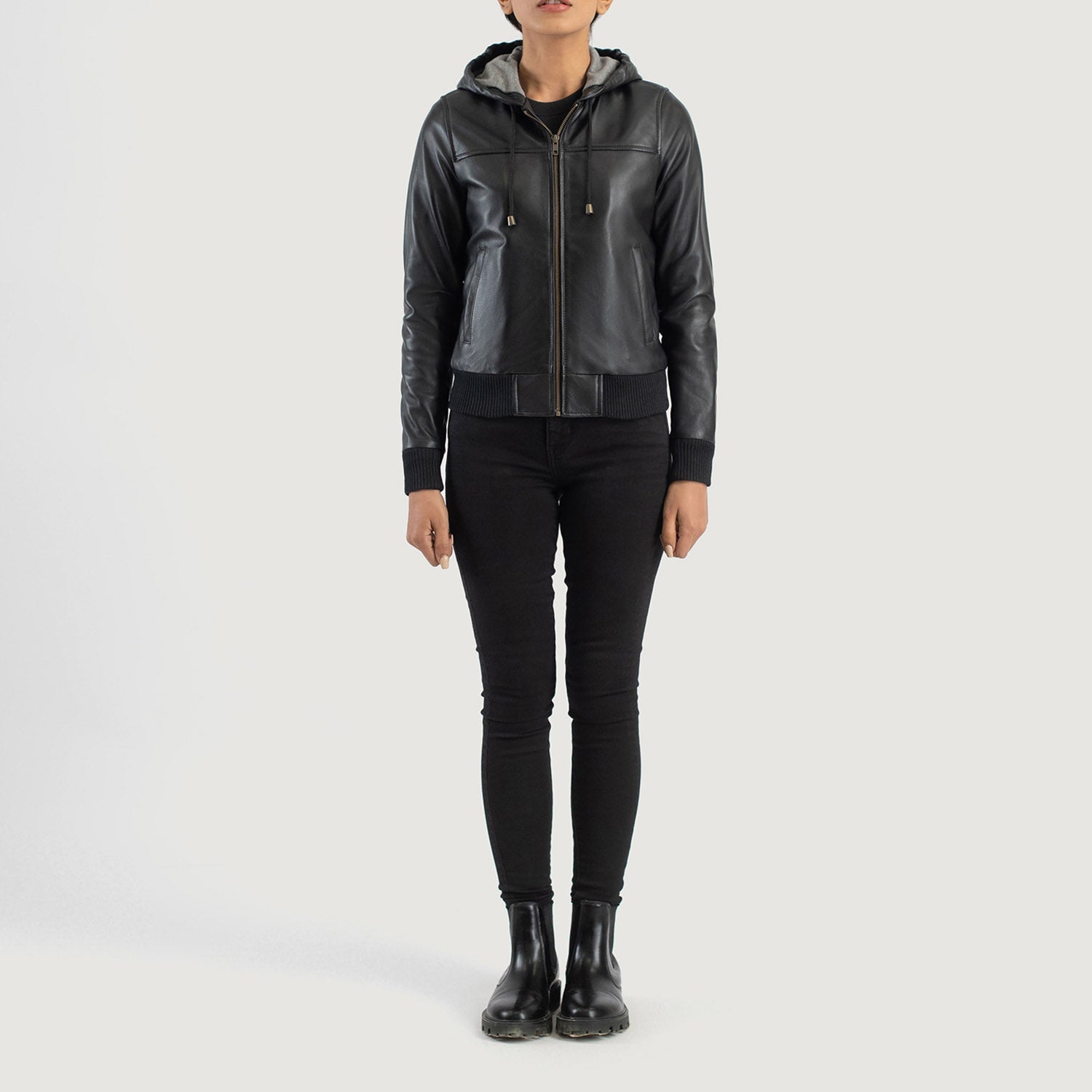 Rebella Black Hooded Leather Bomber Jacket by Dash Racegear - women Jacket view 3