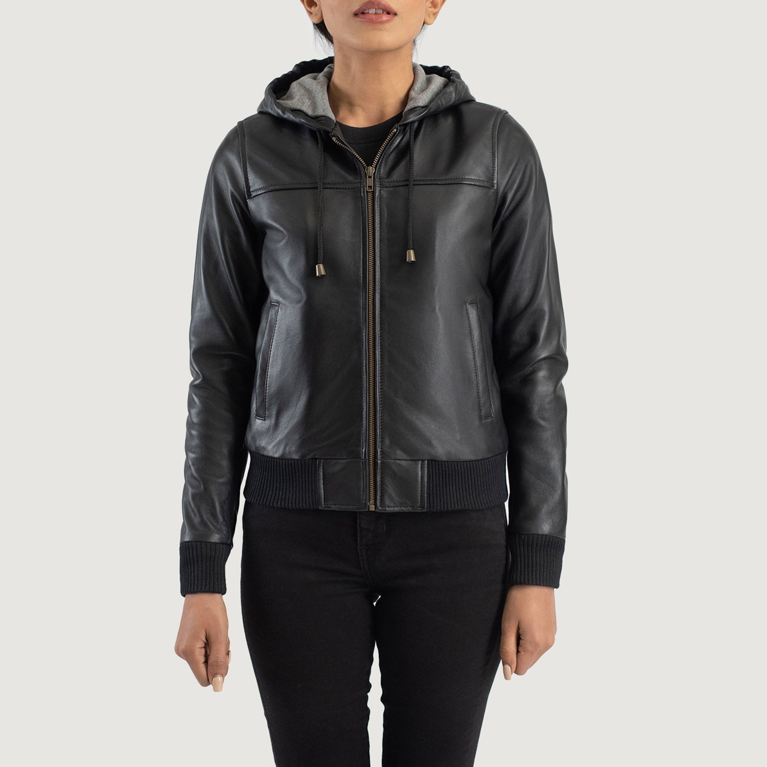 Rebella Black Hooded Leather Bomber Jacket by Dash Racegear - women Jacket view 4