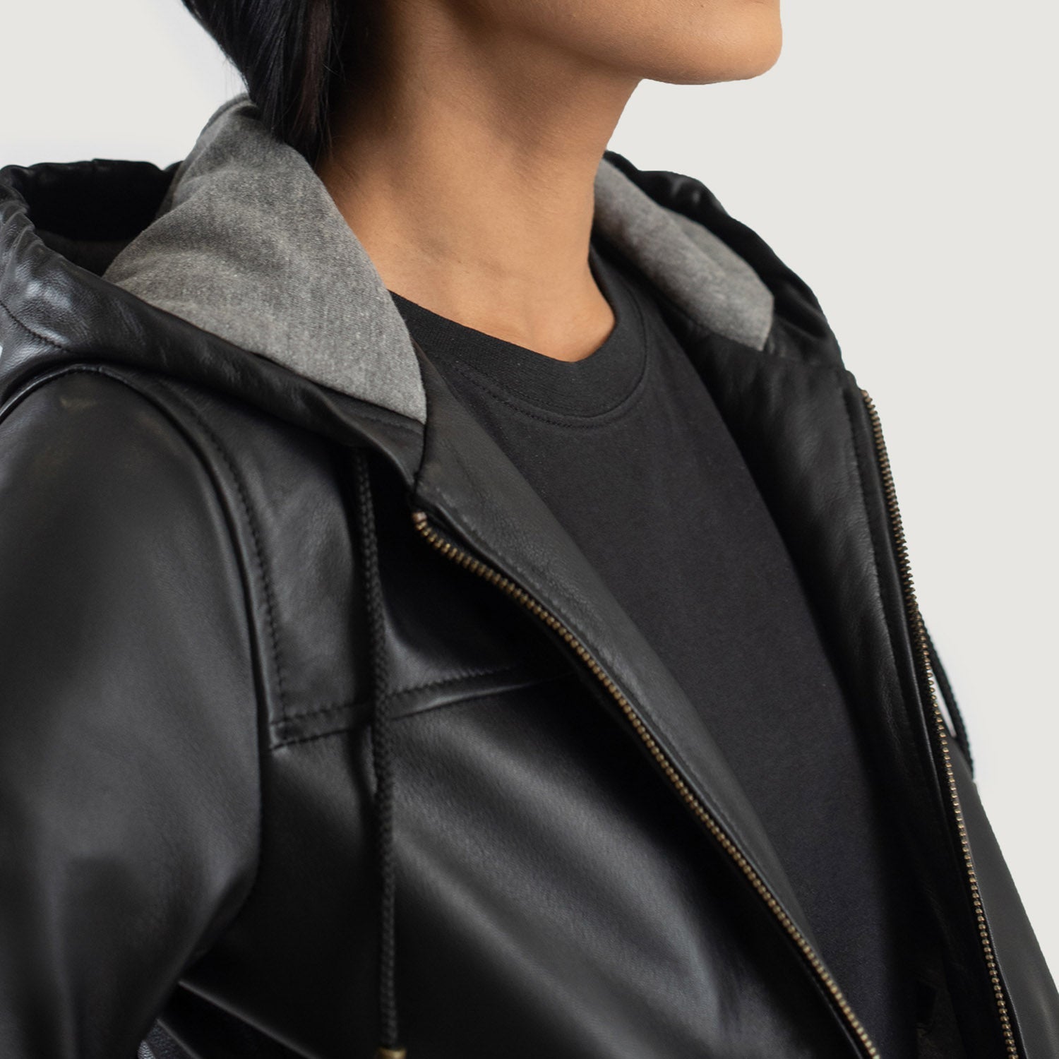 Rebella Black Hooded Leather Bomber Jacket by Dash Racegear - women Jacket view 6