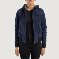 Rebella Blue Hooded Suede Bomber Jacket by Dash Racegear - women Jacket view 1