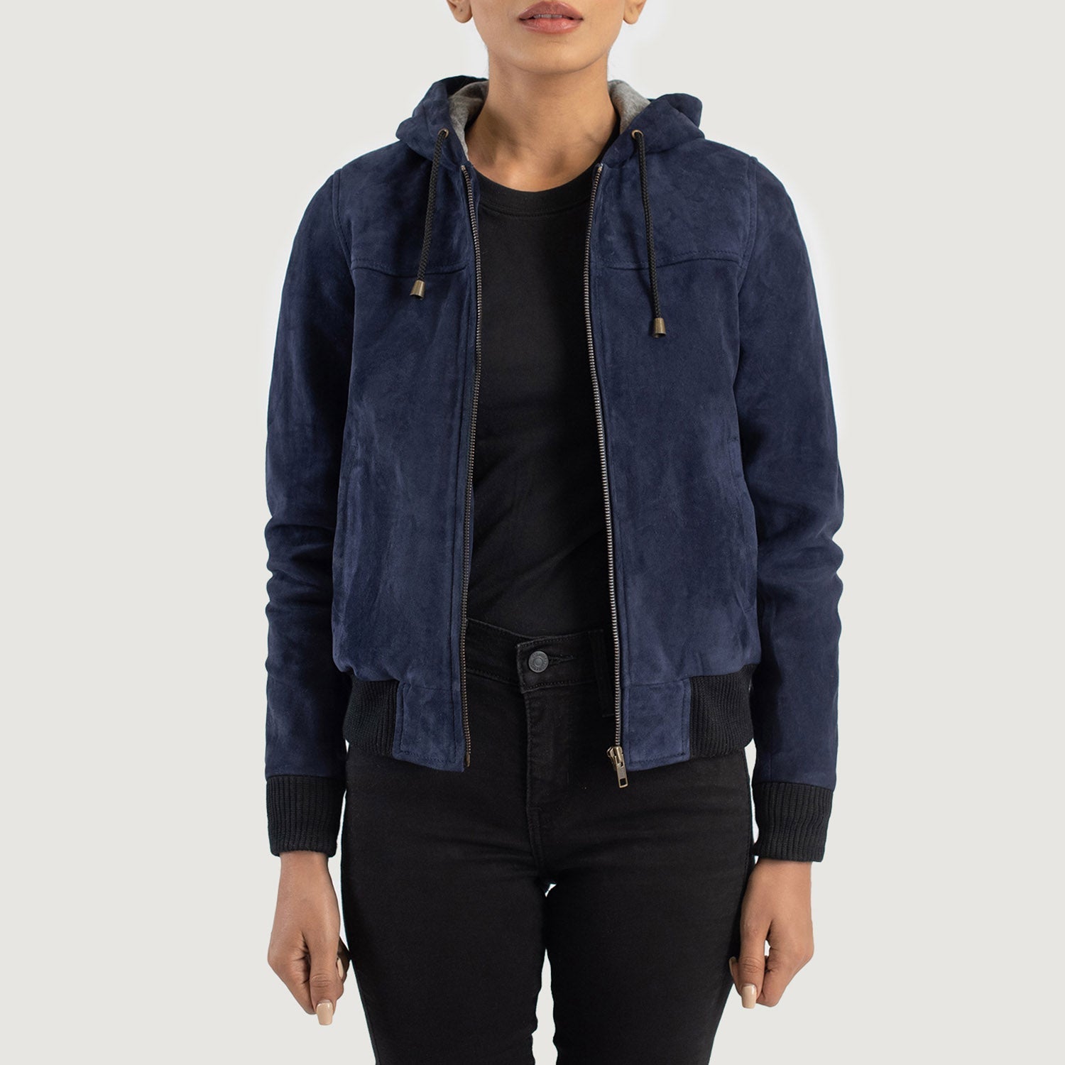 Rebella Blue Hooded Suede Bomber Jacket by Dash Racegear - women Jacket view 1