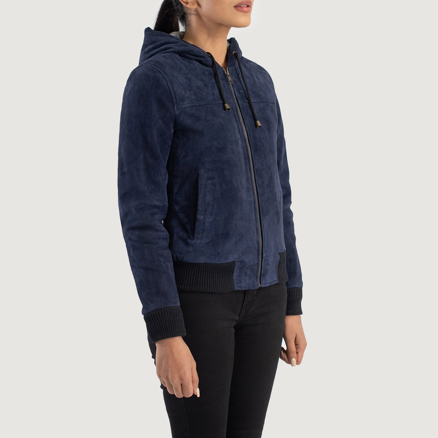 Rebella Blue Hooded Suede Bomber Jacket by Dash Racegear - women Jacket view 2