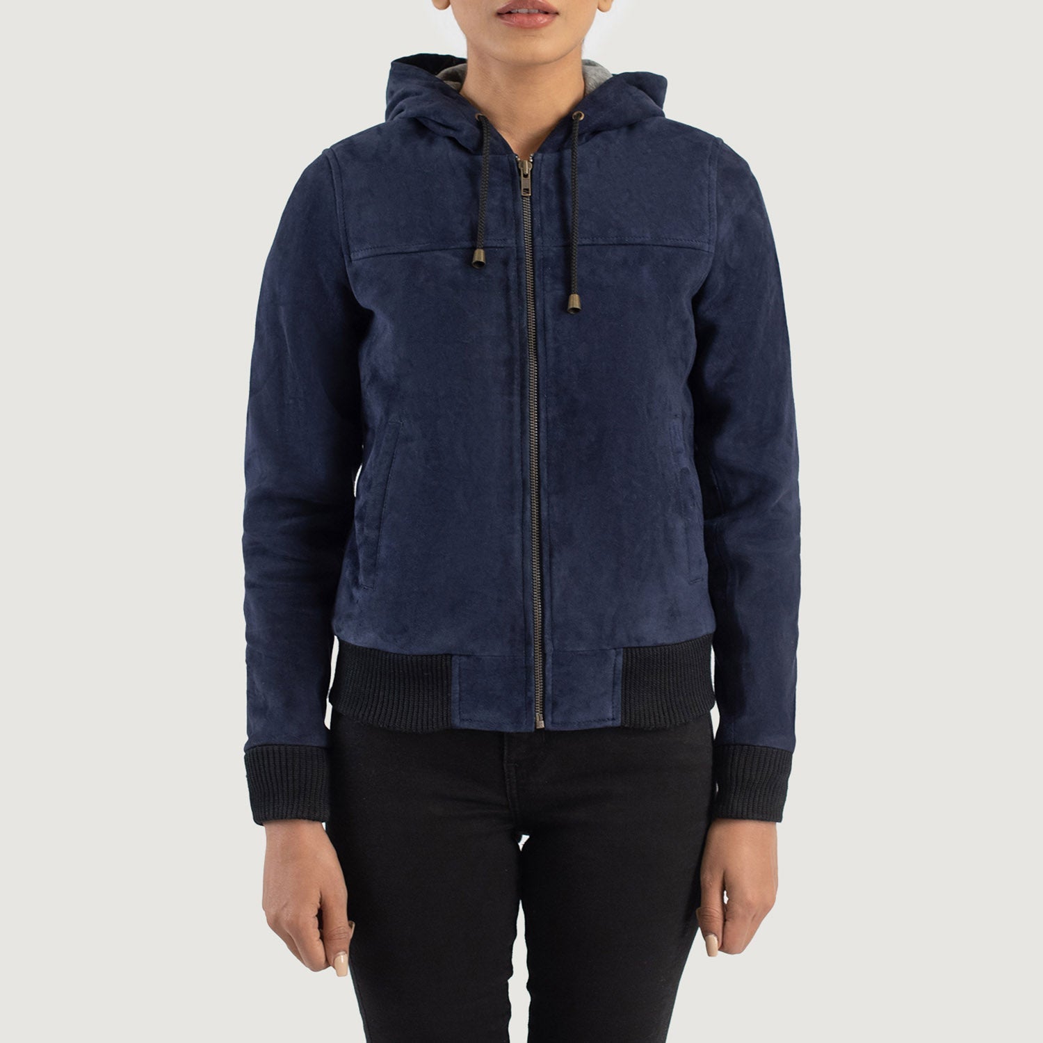 Rebella Blue Hooded Suede Bomber Jacket by Dash Racegear - women Jacket view 4